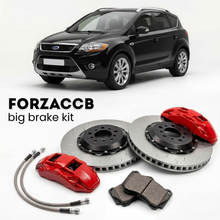 Black Ford Kuga I (2008-2010) shown above a ForzaCCB iron rotor big brake kit with 2x red 6-piston front calipers, 2x two-piece floating ventilated brake discs 380 mm, set of brake pads, and brake lines.