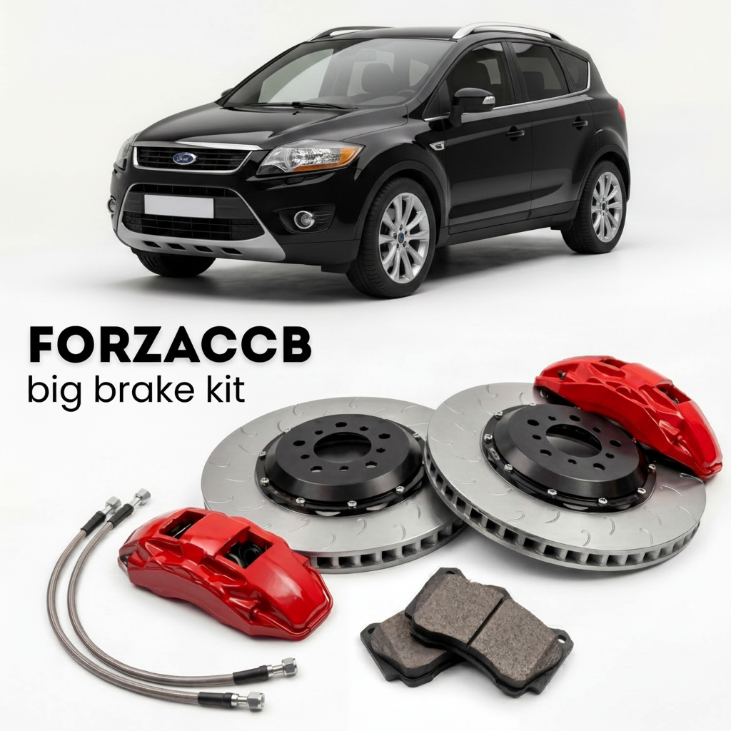 Black Ford Kuga I (2008-2010) shown above a ForzaCCB iron rotor big brake kit with 2x red 6-piston front calipers, 2x two-piece floating ventilated brake discs 380 mm, set of brake pads, and brake lines.