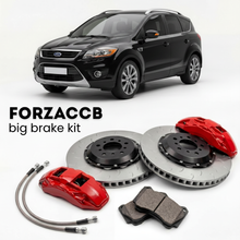 Black Ford Kuga facelift 2010) (2010-2012 (I) shown above a ForzaCCB iron rotor big brake kit with 2x red 6-piston front calipers, 2x two-piece floating ventilated brake discs 380 mm, set of brake pads, and brake lines.