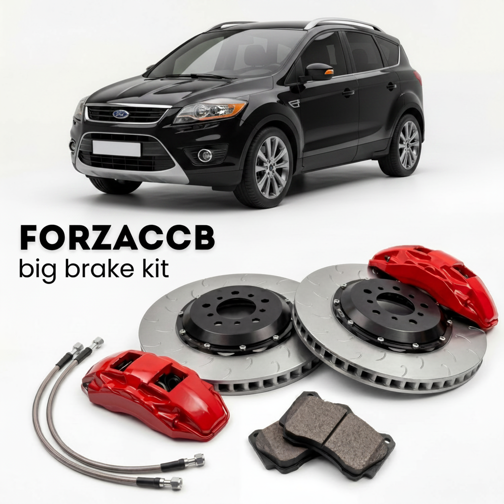 Black Ford Kuga facelift 2010) (2010-2012 (I) shown above a ForzaCCB iron rotor big brake kit with 2x red 6-piston front calipers, 2x two-piece floating ventilated brake discs 380 mm, set of brake pads, and brake lines.