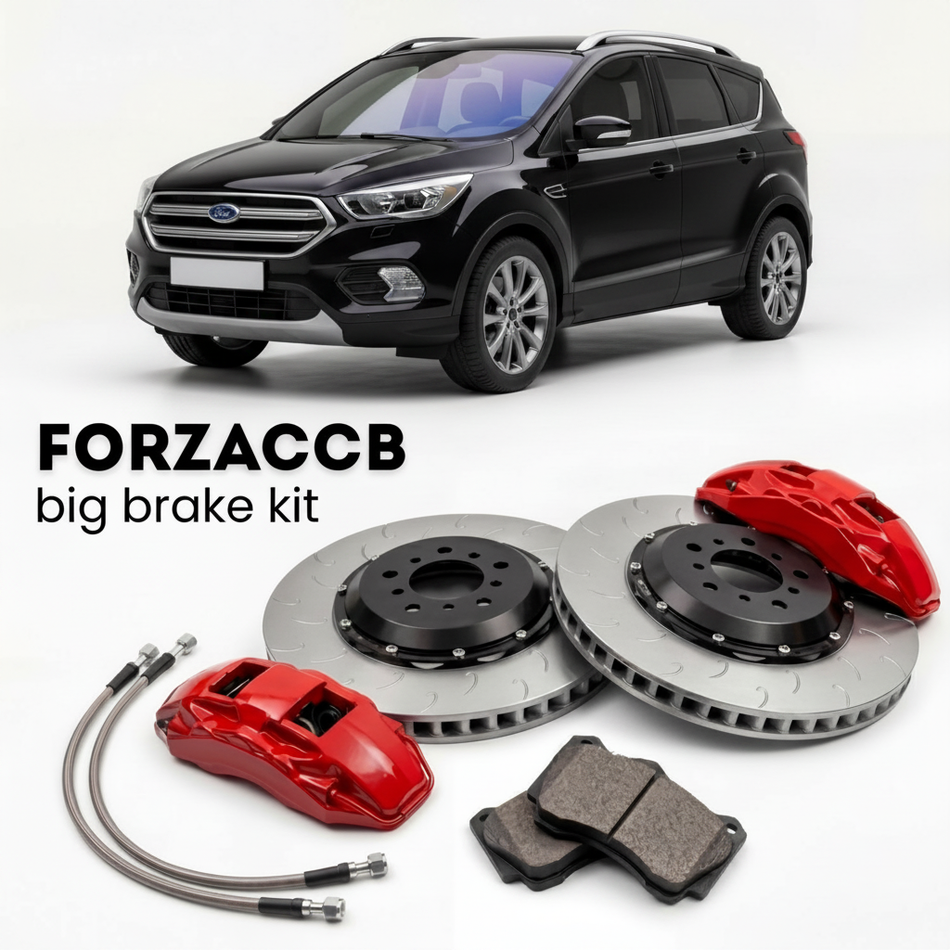 Black Ford Kuga II (2012-2014) shown above a ForzaCCB iron rotor big brake kit with 2x red 6-piston front calipers, 2x two-piece floating ventilated brake discs 380 mm, set of brake pads, and brake lines.