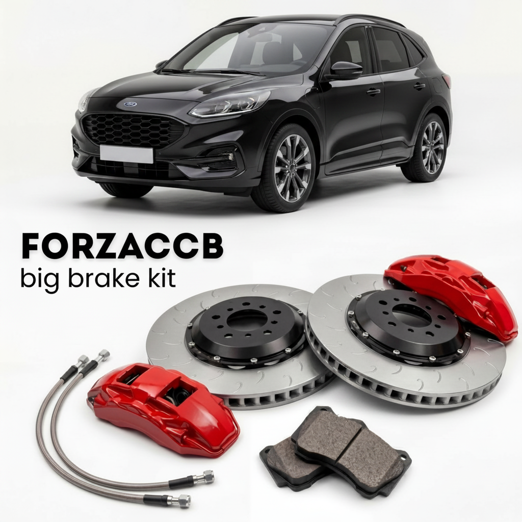 Black Ford Kuga III (2019-2024) shown above a ForzaCCB iron rotor big brake kit with 2x red 6-piston front calipers, 2x two-piece floating ventilated brake discs 380 mm, set of brake pads, and brake lines.