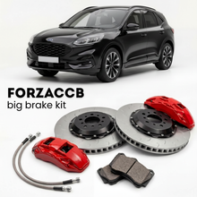 Black Ford Kuga facelift 2024) (2024+ (III) shown above a ForzaCCB iron rotor big brake kit with 2x red 6-piston front calipers, 2x two-piece floating ventilated brake discs 380 mm, set of brake pads, and brake lines.