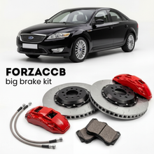Black Ford Mondeo II Sedan (2005-2007) shown above a ForzaCCB iron rotor big brake kit with 2x red 6-piston front calipers, 2x two-piece floating ventilated brake discs 380 mm, set of brake pads, and brake lines.