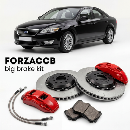 Black Ford Mondeo II Sedan (2005-2007) shown above a ForzaCCB iron rotor big brake kit with 2x red 6-piston front calipers, 2x two-piece floating ventilated brake discs 380 mm, set of brake pads, and brake lines.