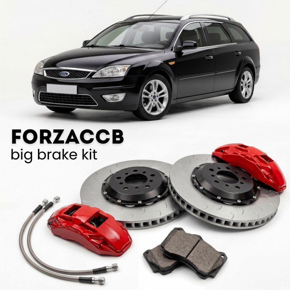 Black Ford Mondeo II Wagon (2005-2007) shown above a ForzaCCB iron rotor big brake kit with 2x red 6-piston front calipers, 2x two-piece floating ventilated brake discs 380 mm, set of brake pads, and brake lines.