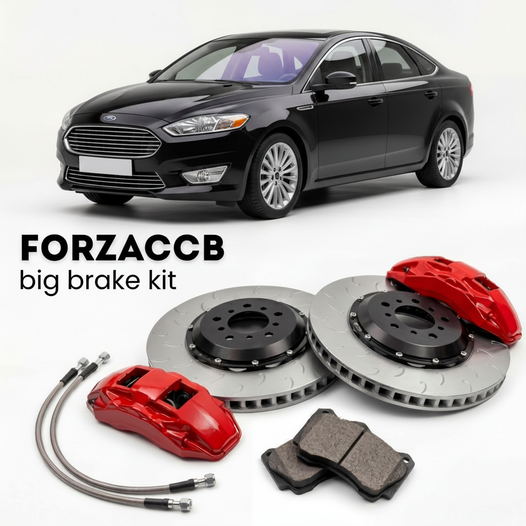 Black Ford Mondeo III Sedan (2006-2010) shown above a ForzaCCB iron rotor big brake kit with 2x red 6-piston front calipers, 2x two-piece floating ventilated brake discs 380 mm, set of brake pads, and brake lines.