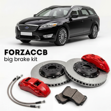 Black Ford Mondeo III Wagon (2007-2010) shown above a ForzaCCB iron rotor big brake kit with 2x red 6-piston front calipers, 2x two-piece floating ventilated brake discs 380 mm, set of brake pads, and brake lines.