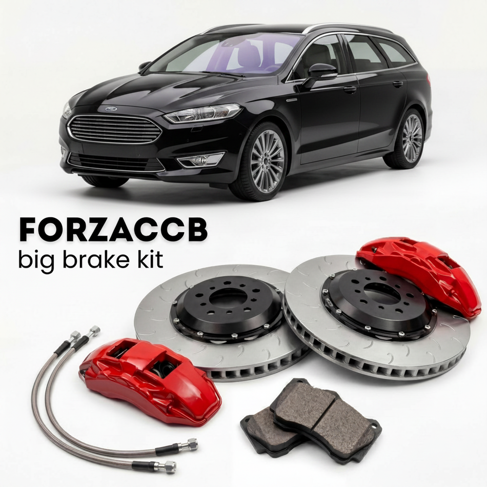 Black Ford Mondeo facelift 2010) (2010-2014 (III Wagon) shown above a ForzaCCB iron rotor big brake kit with 2x red 6-piston front calipers, 2x two-piece floating ventilated brake discs 380 mm, set of brake pads, and brake lines.