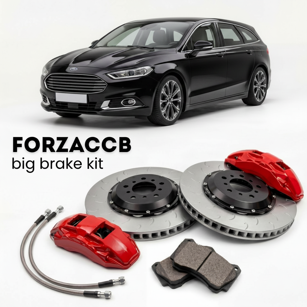Black Ford Mondeo facelift 2019) (2019-2021 (IV Hatchback) shown above a ForzaCCB iron rotor big brake kit with 2x red 6-piston front calipers, 2x two-piece floating ventilated brake discs 380 mm, set of brake pads, and brake lines.