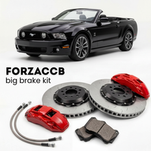 Black Ford Mustang Convertible IV (2005-2005) shown above a ForzaCCB iron rotor big brake kit with 2x red 6-piston front calipers, 2x two-piece floating ventilated brake discs 380 mm, set of brake pads, and brake lines.