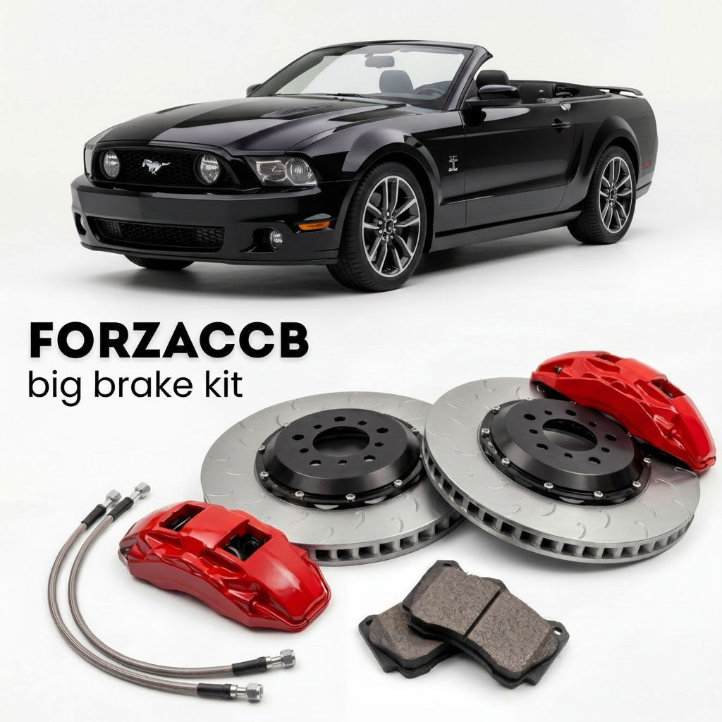 Black Ford Mustang Convertible IV (2005-2005) shown above a ForzaCCB iron rotor big brake kit with 2x red 6-piston front calipers, 2x two-piece floating ventilated brake discs 380 mm, set of brake pads, and brake lines.