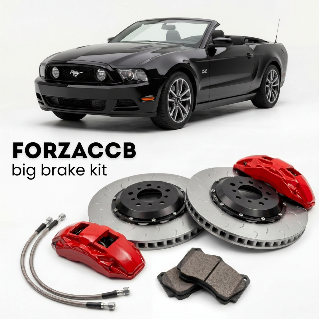 Black Ford Mustang facelift 2009) (2009-2012 (Convertible V) shown above a ForzaCCB iron rotor big brake kit with 2x red 6-piston front calipers, 2x two-piece floating ventilated brake discs 380 mm, set of brake pads, and brake lines.