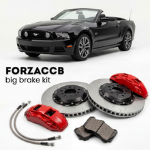 Black Ford Mustang facelift 2009) (2009-2012 (Convertible V) shown above a ForzaCCB iron rotor big brake kit with 2x red 6-piston front calipers, 2x two-piece floating ventilated brake discs 380 mm, set of brake pads, and brake lines.