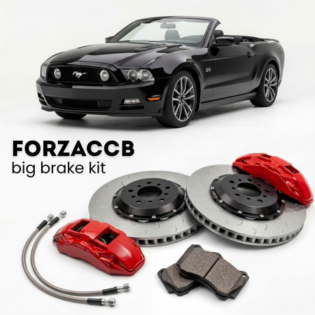 Black Ford Mustang facelift 2012) (2012-2014 (Convertible V) shown above a ForzaCCB iron rotor big brake kit with 2x red 6-piston front calipers, 2x two-piece floating ventilated brake discs 380 mm, set of brake pads, and brake lines.