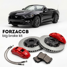 Black Ford Mustang Convertible VI (2015-2017) shown above a ForzaCCB iron rotor big brake kit with 2x red 6-piston front calipers, 2x two-piece floating ventilated brake discs 380 mm, set of brake pads, and brake lines.