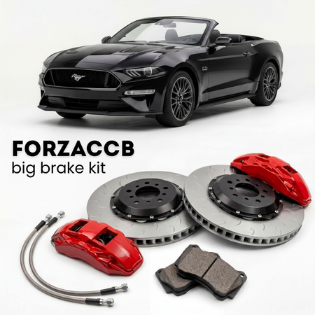Black Ford Mustang Convertible VII (2023+) shown above a ForzaCCB iron rotor big brake kit with 2x red 6-piston front calipers, 2x two-piece floating ventilated brake discs 380 mm, set of brake pads, and brake lines.