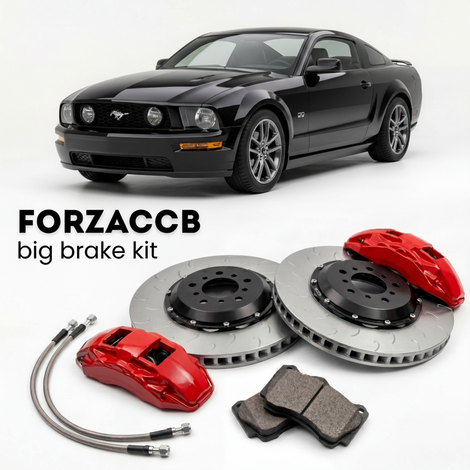 Black Ford Mustang V (2005-2009) shown above a ForzaCCB iron rotor big brake kit with 2x red 6-piston front calipers, 2x two-piece floating ventilated brake discs 380 mm, set of brake pads, and brake lines.