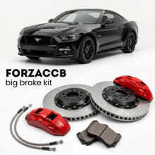 Black Ford Mustang facelift 2017) (2017-2023 (VI) shown above a ForzaCCB iron rotor big brake kit with 2x red 6-piston front calipers, 2x two-piece floating ventilated brake discs 380 mm, set of brake pads, and brake lines.