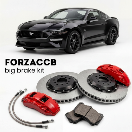 Black Ford Mustang VII (2023+) shown above a ForzaCCB iron rotor big brake kit with 2x red 6-piston front calipers, 2x two-piece floating ventilated brake discs 380 mm, set of brake pads, and brake lines.