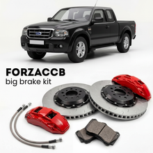 Black Ford Ranger I Double Cab (2005-2006) shown above a ForzaCCB iron rotor big brake kit with 2x red 6-piston front calipers, 2x two-piece floating ventilated brake discs 380 mm, set of brake pads, and brake lines.