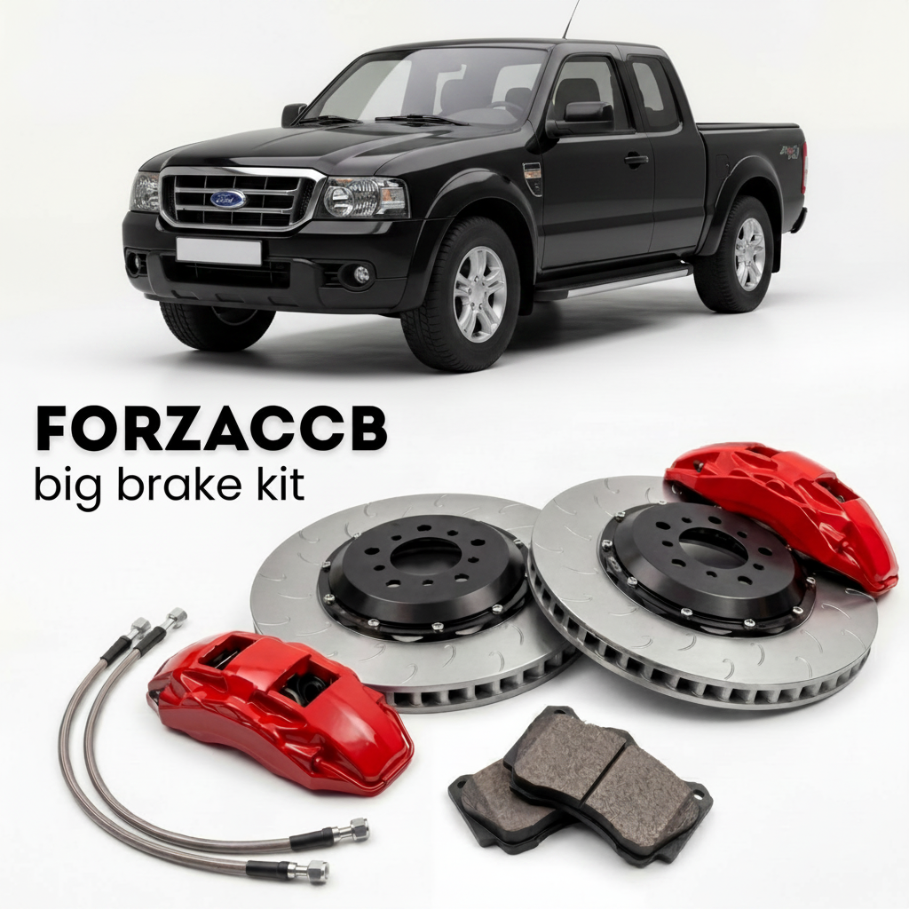 Black Ford Ranger I Double Cab (2005-2006) shown above a ForzaCCB iron rotor big brake kit with 2x red 6-piston front calipers, 2x two-piece floating ventilated brake discs 380 mm, set of brake pads, and brake lines.