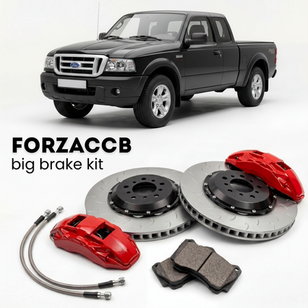 Black Ford Ranger I Super Cab (2005-2006) shown above a ForzaCCB iron rotor big brake kit with 2x red 6-piston front calipers, 2x two-piece floating ventilated brake discs 380 mm, set of brake pads, and brake lines.