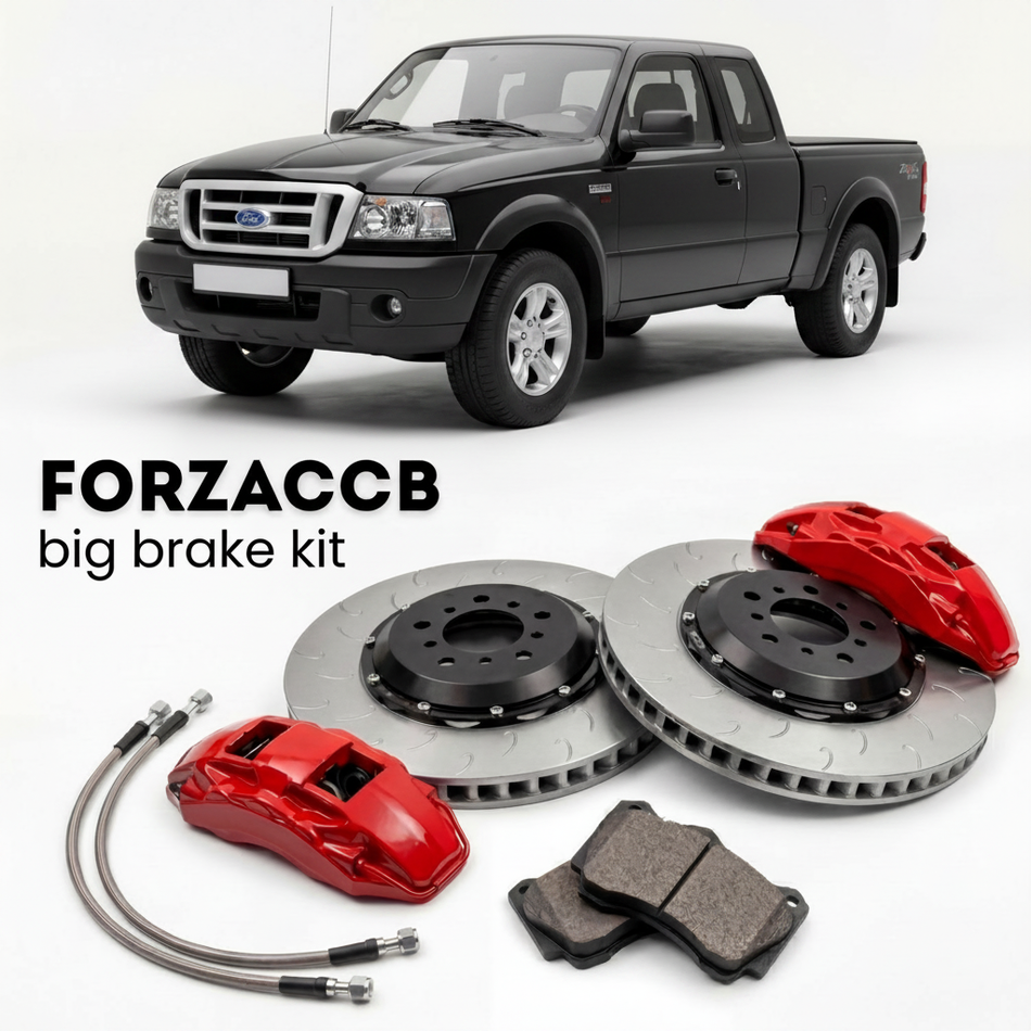 Black Ford Ranger I Super Cab (2005-2006) shown above a ForzaCCB iron rotor big brake kit with 2x red 6-piston front calipers, 2x two-piece floating ventilated brake discs 380 mm, set of brake pads, and brake lines.