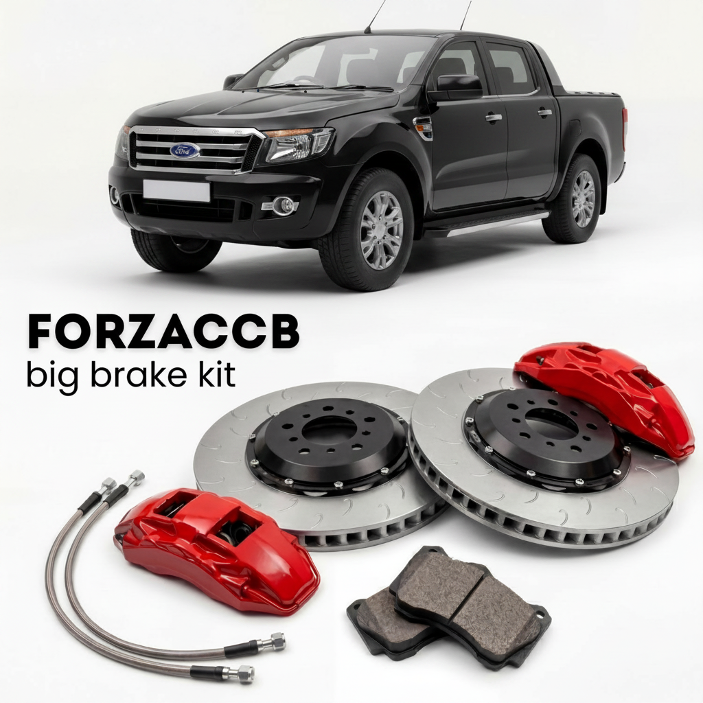 Black Ford Ranger facelift 2009) (2009-2011 (II Double Cab) shown above a ForzaCCB iron rotor big brake kit with 2x red 6-piston front calipers, 2x two-piece floating ventilated brake discs 380 mm, set of brake pads, and brake lines.