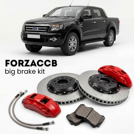 Black Ford Ranger facelift 2009) (2009-2011 (II Double Cab) shown above a ForzaCCB iron rotor big brake kit with 2x red 6-piston front calipers, 2x two-piece floating ventilated brake discs 380 mm, set of brake pads, and brake lines.