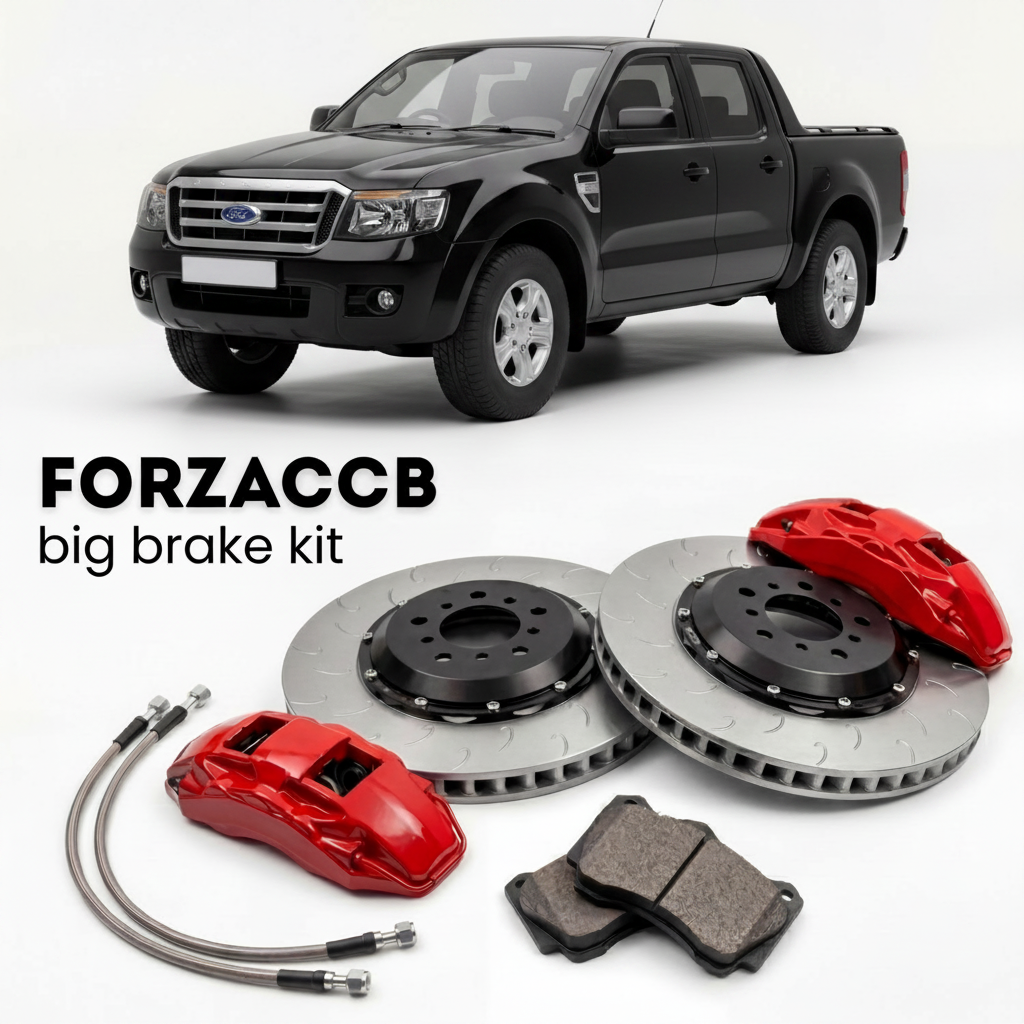 Black Ford Ranger II Super Cab (2006-2010) shown above a ForzaCCB iron rotor big brake kit with 2x red 6-piston front calipers, 2x two-piece floating ventilated brake discs 380 mm, set of brake pads, and brake lines.