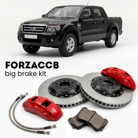 Black Ford Ranger II Super Cab (2006-2010) shown above a ForzaCCB iron rotor big brake kit with 2x red 6-piston front calipers, 2x two-piece floating ventilated brake discs 380 mm, set of brake pads, and brake lines.