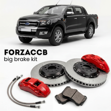 Black Ford Ranger facelift 2009) (2009-2011 (II Super Cab) shown above a ForzaCCB iron rotor big brake kit with 2x red 6-piston front calipers, 2x two-piece floating ventilated brake discs 380 mm, set of brake pads, and brake lines.