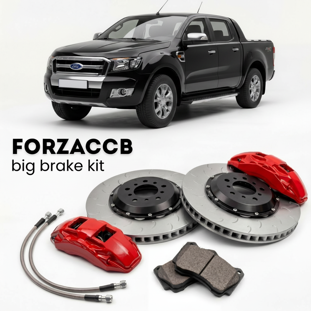 Black Ford Ranger facelift 2009) (2009-2011 (II Super Cab) shown above a ForzaCCB iron rotor big brake kit with 2x red 6-piston front calipers, 2x two-piece floating ventilated brake discs 380 mm, set of brake pads, and brake lines.