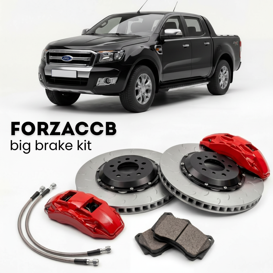 Black Ford Ranger facelift 2009) (2009-2011 (II Super Cab) shown above a ForzaCCB iron rotor big brake kit with 2x red 6-piston front calipers, 2x two-piece floating ventilated brake discs 380 mm, set of brake pads, and brake lines.