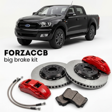 Black Ford Ranger III Double Cab (2011-2015) shown above a ForzaCCB iron rotor big brake kit with 2x red 6-piston front calipers, 2x two-piece floating ventilated brake discs 380 mm, set of brake pads, and brake lines.