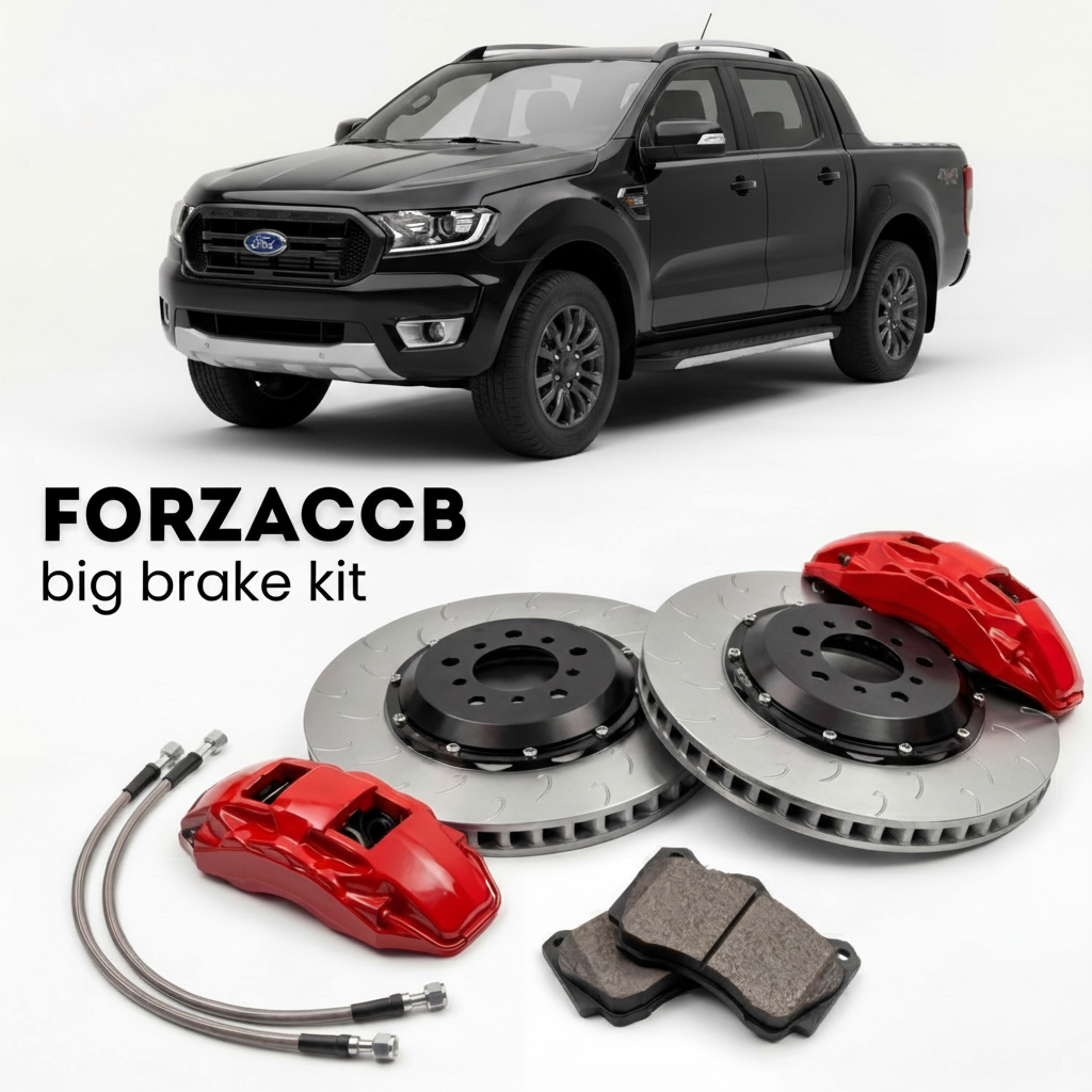 Black Ford Ranger facelift 2015) (2015-2018 (III Double Cab) shown above a ForzaCCB iron rotor big brake kit with 2x red 6-piston front calipers, 2x two-piece floating ventilated brake discs 380 mm, set of brake pads, and brake lines.