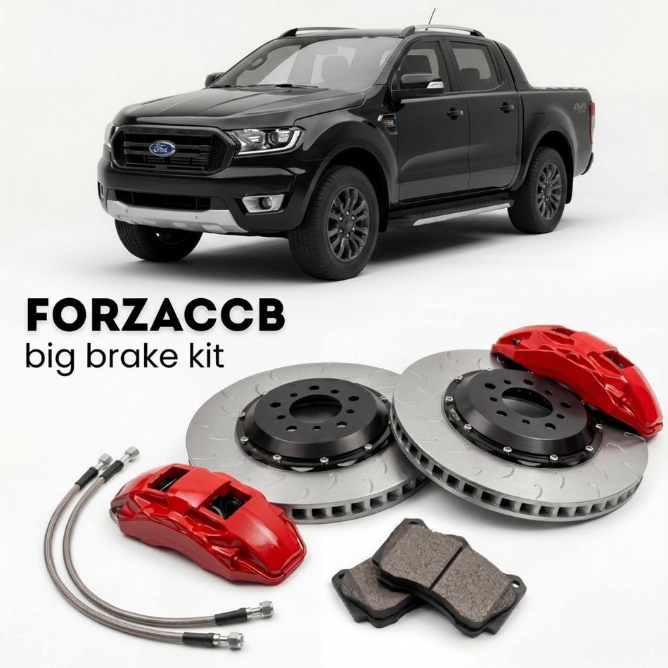 Black Ford Ranger facelift 2015) (2015-2018 (III Double Cab) shown above a ForzaCCB iron rotor big brake kit with 2x red 6-piston front calipers, 2x two-piece floating ventilated brake discs 380 mm, set of brake pads, and brake lines.