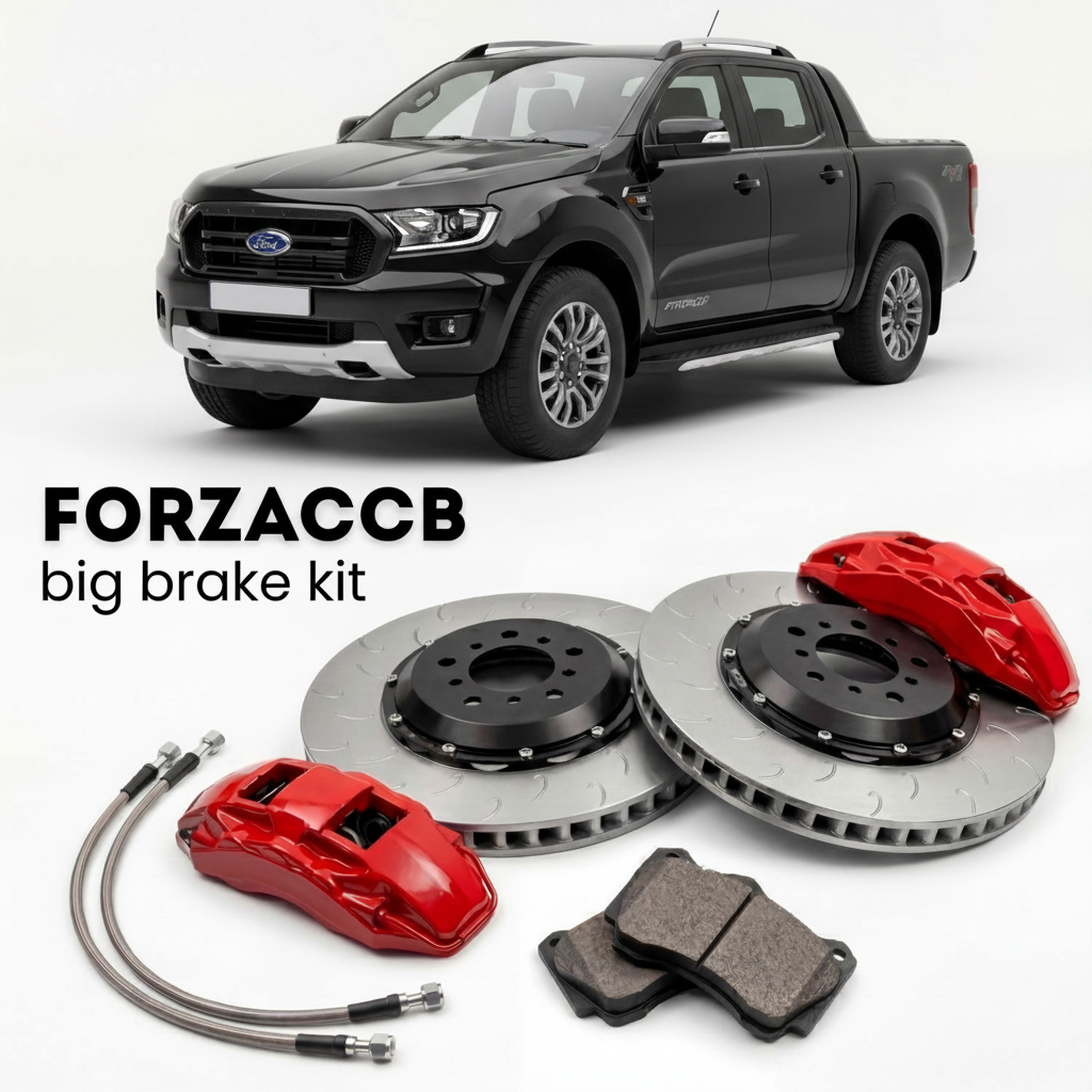 Black Ford Ranger facelift 2019) (2019-2022 (III Double Cab) shown above a ForzaCCB iron rotor big brake kit with 2x red 6-piston front calipers, 2x two-piece floating ventilated brake discs 380 mm, set of brake pads, and brake lines.