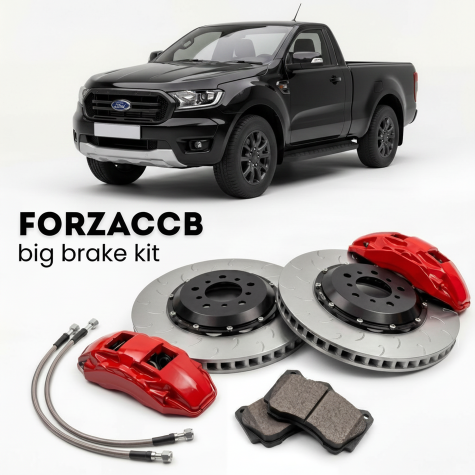 Black Ford Ranger facelift 2019) (2019-2022 (III Regular Cab) shown above a ForzaCCB iron rotor big brake kit with 2x red 6-piston front calipers, 2x two-piece floating ventilated brake discs 380 mm, set of brake pads, and brake lines.