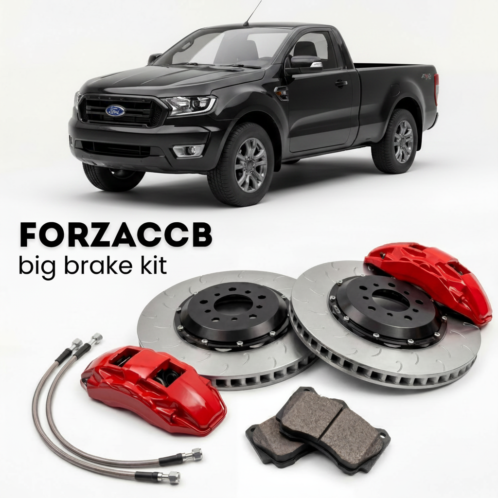 Black Ford Ranger facelift 2015) (2015-2018 (III Single Cab) shown above a ForzaCCB iron rotor big brake kit with 2x red 6-piston front calipers, 2x two-piece floating ventilated brake discs 380 mm, set of brake pads, and brake lines.