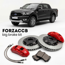 Black Ford Ranger III Super Cab (2011-2015) shown above a ForzaCCB iron rotor big brake kit with 2x red 6-piston front calipers, 2x two-piece floating ventilated brake discs 380 mm, set of brake pads, and brake lines.