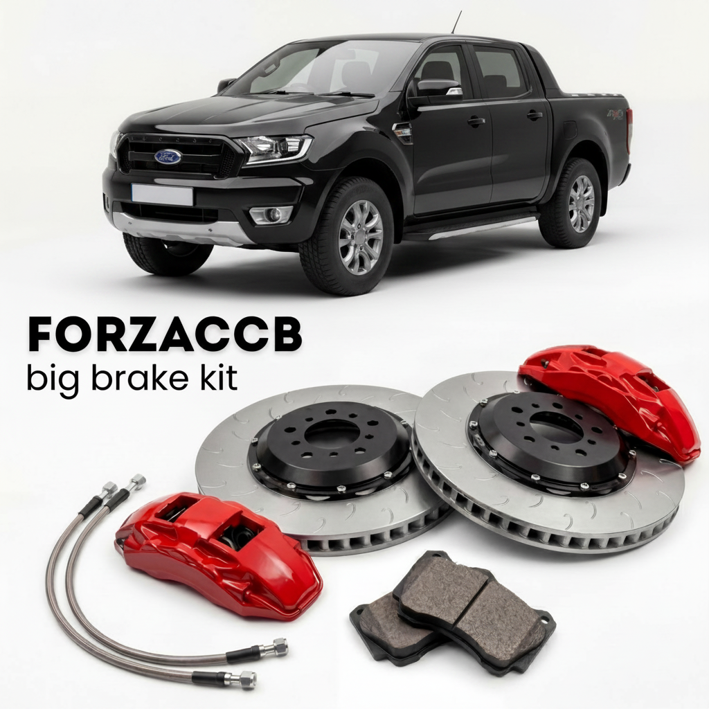 Black Ford Ranger III Super Cab (2011-2015) shown above a ForzaCCB iron rotor big brake kit with 2x red 6-piston front calipers, 2x two-piece floating ventilated brake discs 380 mm, set of brake pads, and brake lines.