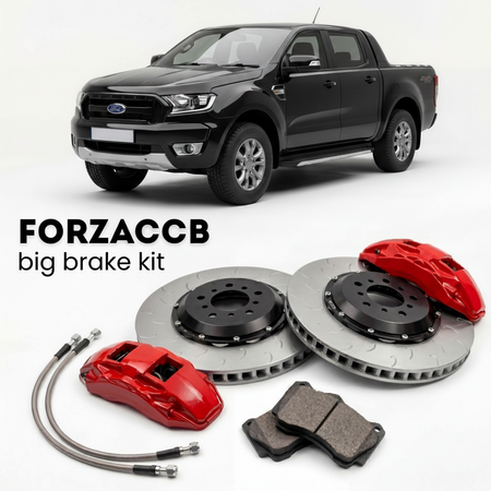 Black Ford Ranger III Super Cab (2011-2015) shown above a ForzaCCB iron rotor big brake kit with 2x red 6-piston front calipers, 2x two-piece floating ventilated brake discs 380 mm, set of brake pads, and brake lines.