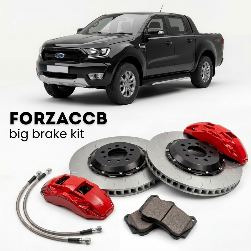 Black Ford Ranger III Super Cab (2011-2015) shown above a ForzaCCB iron rotor big brake kit with 2x red 6-piston front calipers, 2x two-piece floating ventilated brake discs 380 mm, set of brake pads, and brake lines.