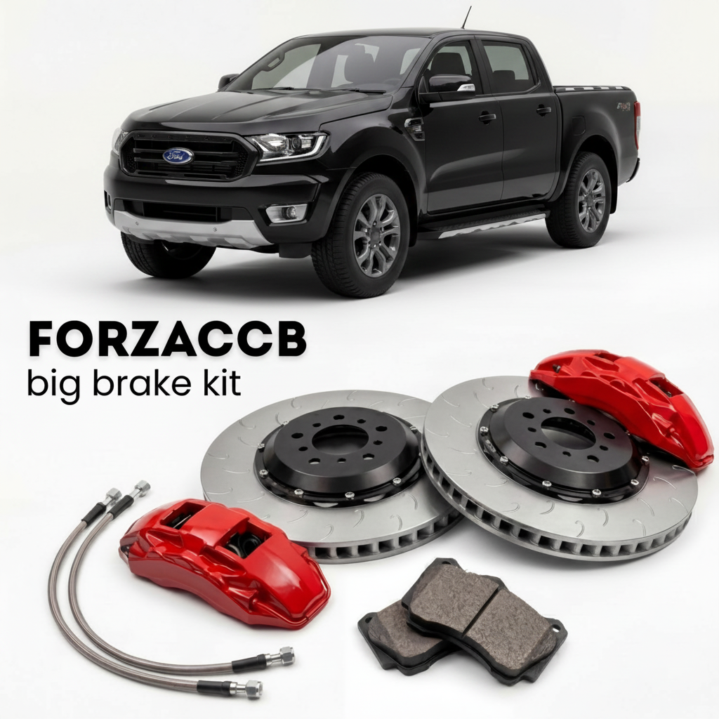 Black Ford Ranger facelift 2015) (2015-2018 (III Super Cab) shown above a ForzaCCB iron rotor big brake kit with 2x red 6-piston front calipers, 2x two-piece floating ventilated brake discs 380 mm, set of brake pads, and brake lines.
