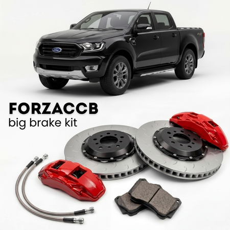 Black Ford Ranger facelift 2015) (2015-2018 (III Super Cab) shown above a ForzaCCB iron rotor big brake kit with 2x red 6-piston front calipers, 2x two-piece floating ventilated brake discs 380 mm, set of brake pads, and brake lines.
