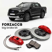 Black Ford Ranger facelift 2019) (2019-2022 (III Super Cab) shown above a ForzaCCB iron rotor big brake kit with 2x red 6-piston front calipers, 2x two-piece floating ventilated brake discs 380 mm, set of brake pads, and brake lines.