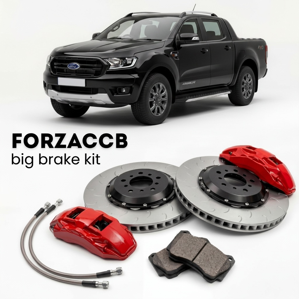 Black Ford Ranger facelift 2019) (2019-2022 (III Super Cab) shown above a ForzaCCB iron rotor big brake kit with 2x red 6-piston front calipers, 2x two-piece floating ventilated brake discs 380 mm, set of brake pads, and brake lines.