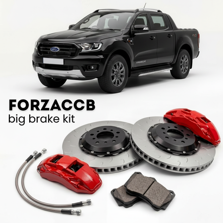 Black Ford Ranger facelift 2019) (2019-2022 (III Super Cab) shown above a ForzaCCB iron rotor big brake kit with 2x red 6-piston front calipers, 2x two-piece floating ventilated brake discs 380 mm, set of brake pads, and brake lines.
